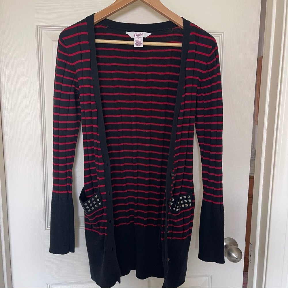Candie’s Red & Black Stripes Long Cardigan w/Studded Pockets